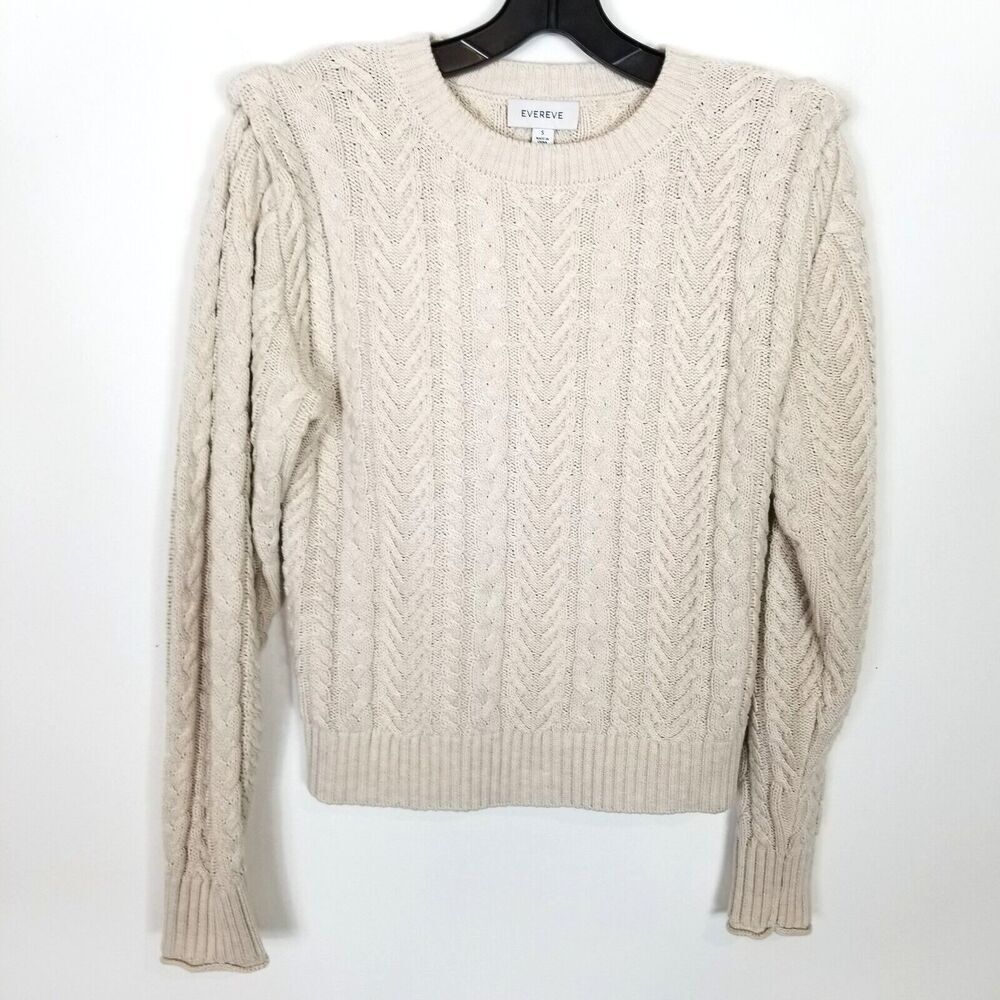 Evereve Women Cableknit Pullover Sweater  Sz S Ivory High Shoulders Cotton Blend